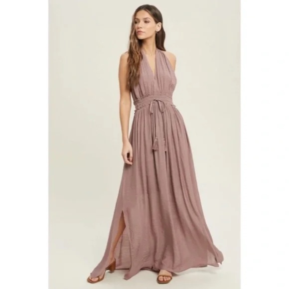 SOLD OUT Dark Mauve Solid Halter Smocked Waist Maxi Casual Boho Dress w/ Side - Picture 3 of 3